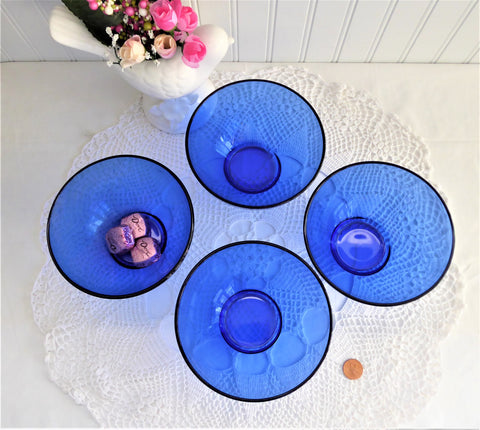 Cobalt Blue Glass Bowls Four Berry Bowls Dessert 5 Inch Diameter Arcoroc France 1990s