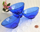 Cobalt Blue Glass Bowls Four Berry Bowls Dessert 5 Inch Diameter Arcoroc France 1990s