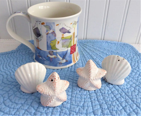 Salt And Pepper Beachy Starfish Scallop Shell 4 Shakers Coastal Charm Ceramic