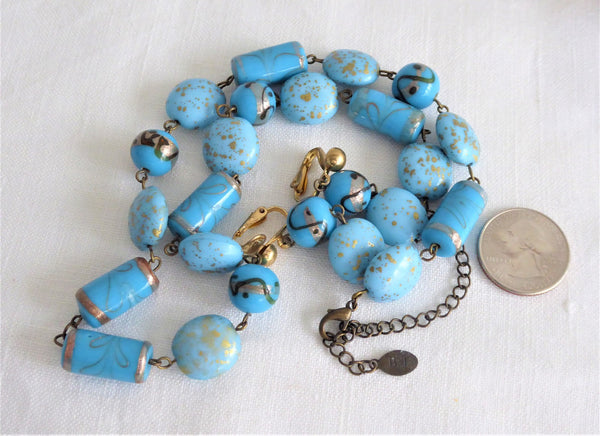 Blue Glass Lampwork Beaded Necklace Earrings Turquoise Gold
