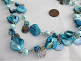 Long Beaded Necklace Turquoise Dyed Shell Beads Dangles Blue Pearl Beads 48 In