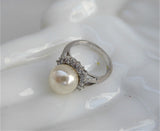 Halo Ring Faux Pearl CZ 1990s Tea Party Large Pearl Silver White Elegant