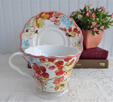 Aubrey Large Cup And Saucer Contemporary Stylized Coral Aqua Flowers 222Fifth