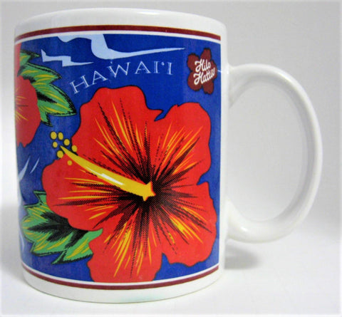 Hilo Hattie Hawaii Mug Red Hibiscus 1997 Souvenir Blue Red Ceramic