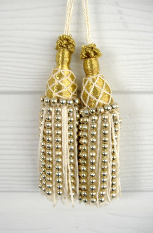 Pair of Beaded Christmas Tree Ornament Tassels Metallic Gold 8 Inches Long Victorian Style