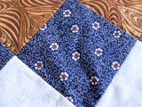 Handmade Patchwork Table Runner Blue White Brown Squares Toothed Edge Unfinished