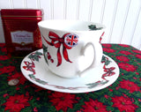 Christmas Ribbons Breakfast Size Cup And Saucer Roy Kirkham Holly Red Ribbons Bone China