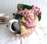 Tea Cozy Reversible Lush Roses Padded Pink Yellow Green Lining USA Artisan Made