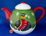 Debbie Mumm Christmas Winter Folk Art Teapot Bear Racoon Large Holiday Winter