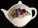 Tea Bag Caddy Pansies Teapot Shape England Bone China Violas New Discontinued - Antiques And Teacups - 1