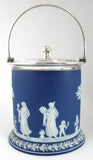 Wedgwood Dark Blue Jasperware Dip Biscuit Jar Flange Base Classical 1870s - Antiques And Teacups - 3