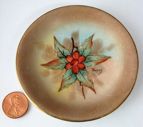 Dogwood Berries Butter Pat Teabag Holder 1950s Hand Painted Artisan Small Dish - Antiques And Teacups - 1