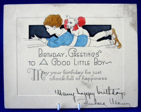 Birthday Greetings To A Good Little Boy And Dog 1920s Poem Ephemera Birthday Card Hand Colored - Antiques And Teacups - 1