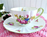 Shelley Hulmes Rose Cup And Saucer Ludlow Shape Green Trim English Bone China