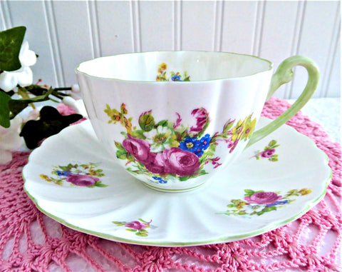 Shelley Hulmes Rose Cup And Saucer Ludlow Shape Green Trim English Bone China