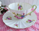 Shelley Hulmes Rose Cup And Saucer Ludlow Shape Green Trim English Bone China