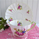 Shelley Hulmes Rose Cup And Saucer Ludlow Shape Green Trim English Bone China