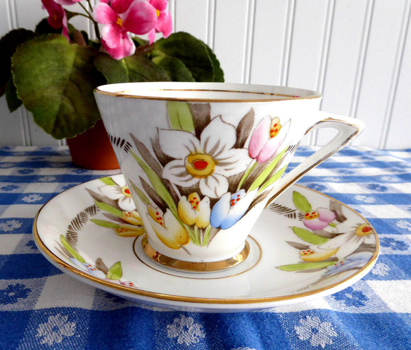 Art Deco Cup And Saucer Spring Flowers Enamel Phoenix England