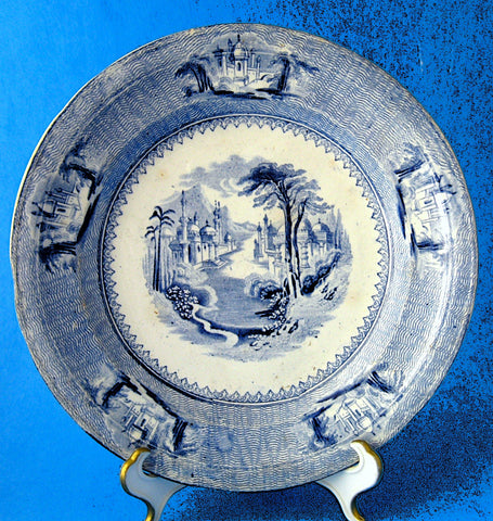 Plate Romantic Staffordshire Siam Blue Transfer 1850s Luncheon Blue And White