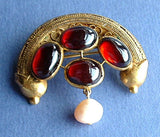 Etruscan Revival Brooch 22kt Gold Genuine Garnets Pearls 1860s Pin Handmade Pin