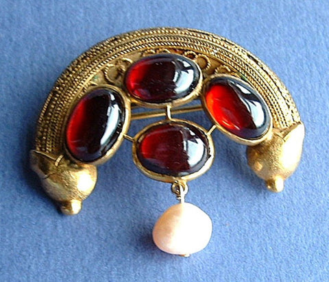 Etruscan Revival Brooch 22kt Gold Genuine Garnets Pearls 1860s Pin Handmade Pin
