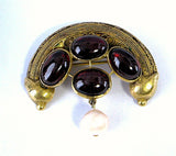 Etruscan Revival Brooch 22kt Gold Genuine Garnets Pearls 1860s Pin Handmade Pin
