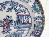 Mid Victorian English Blue Transferware Plate Chinese Pattern 7 Inch Polychrome