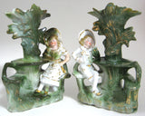 Victorian Spill Vase Pair Fairing Boy Girl Souvenir German 1870s Mantle Decor