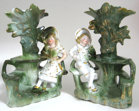 Victorian Spill Vase Pair Fairing Boy Girl Souvenir German 1870s Mantle Decor