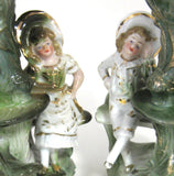 Victorian Spill Vase Pair Fairing Boy Girl Souvenir German 1870s Mantle Decor