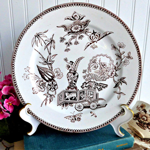 Aesthetic Movement Plate Lily And Vase Brown Transferware Dinner 1878 Elsmore Fan Asian