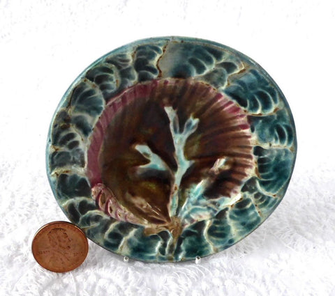 Wedgwood Majolica Butter Pat 1880s Waves Coral Shell Vivid Color Victorian