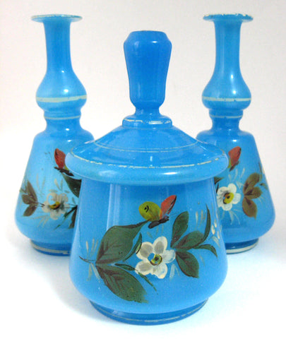 Victorian Bristol Blue Art Glass Vanity Set 3 Pc Decanters Covered Jar England