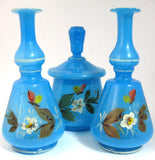 Victorian Bristol Blue Art Glass Vanity Set 3 Pc Decanters Covered Jar England
