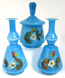 Victorian Bristol Blue Art Glass Vanity Set 3 Pc Decanters Covered Jar England