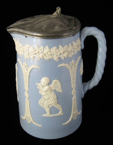 Dudson Sprigged Pitcher Pewter Lid Classical Jug 1890s Blue And White