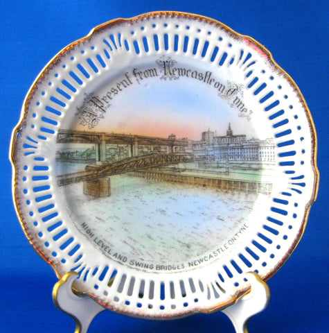 Souvenir Plate Reticulated Present From Newcastle Fancy 1890s Hand Colored