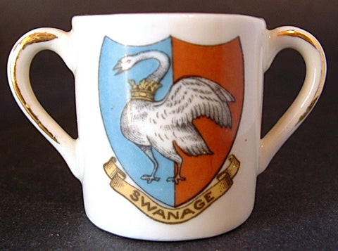 Crested China Swanage Loving Cup England Mini Victorian 1890s Swan Crest