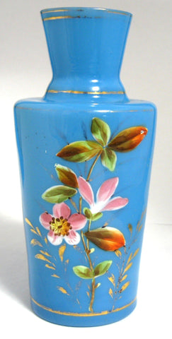 Victorian Vase Blue Bristol Glass Hand Painted English 1880-1890s Floral