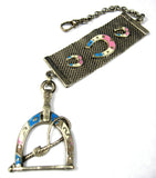 Edwardian Equestrian Theme Sterling Silver Pocket Watch Fob Blue Pink Enamel