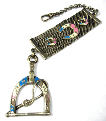 Edwardian Equestrian Theme Sterling Silver Pocket Watch Fob Blue Pink Enamel