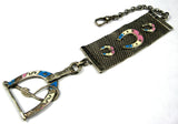 Edwardian Equestrian Theme Sterling Silver Pocket Watch Fob Blue Pink Enamel