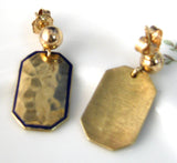 Edwardian Earrings Solid 14kt Gold Hand Hammered 1900-1910 Cufflink Blue Enamel