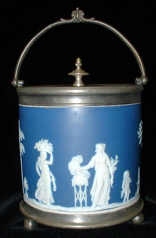 Edwardian Biscuit Barrel Wedgwood Jasperware Dip Dark Blue Bun Feet 1900