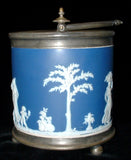 Edwardian Biscuit Barrel Wedgwood Jasperware Dip Dark Blue Bun Feet 1900