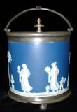 Edwardian Biscuit Barrel Wedgwood Jasperware Dip Dark Blue Bun Feet 1900