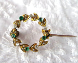 Edwardian Brooch Pin 9kt Gold Wreath Diamonds Emeralds Pearls Hand Made 1900