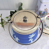 Edwardian Era Wedgwood Biscuit Barrel Dark Blue Jasper Dip Sacrifice Cookie Jar Silverplate