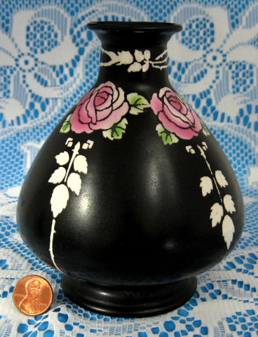 Art Nouveau Vase Shelley China Black Roses Art Pottery Antique 1920s Matte Black