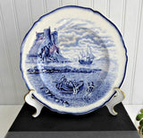 Galleon Marine Landscape Blue Transferware Plate Steventon UK 1910s Sailing Ship